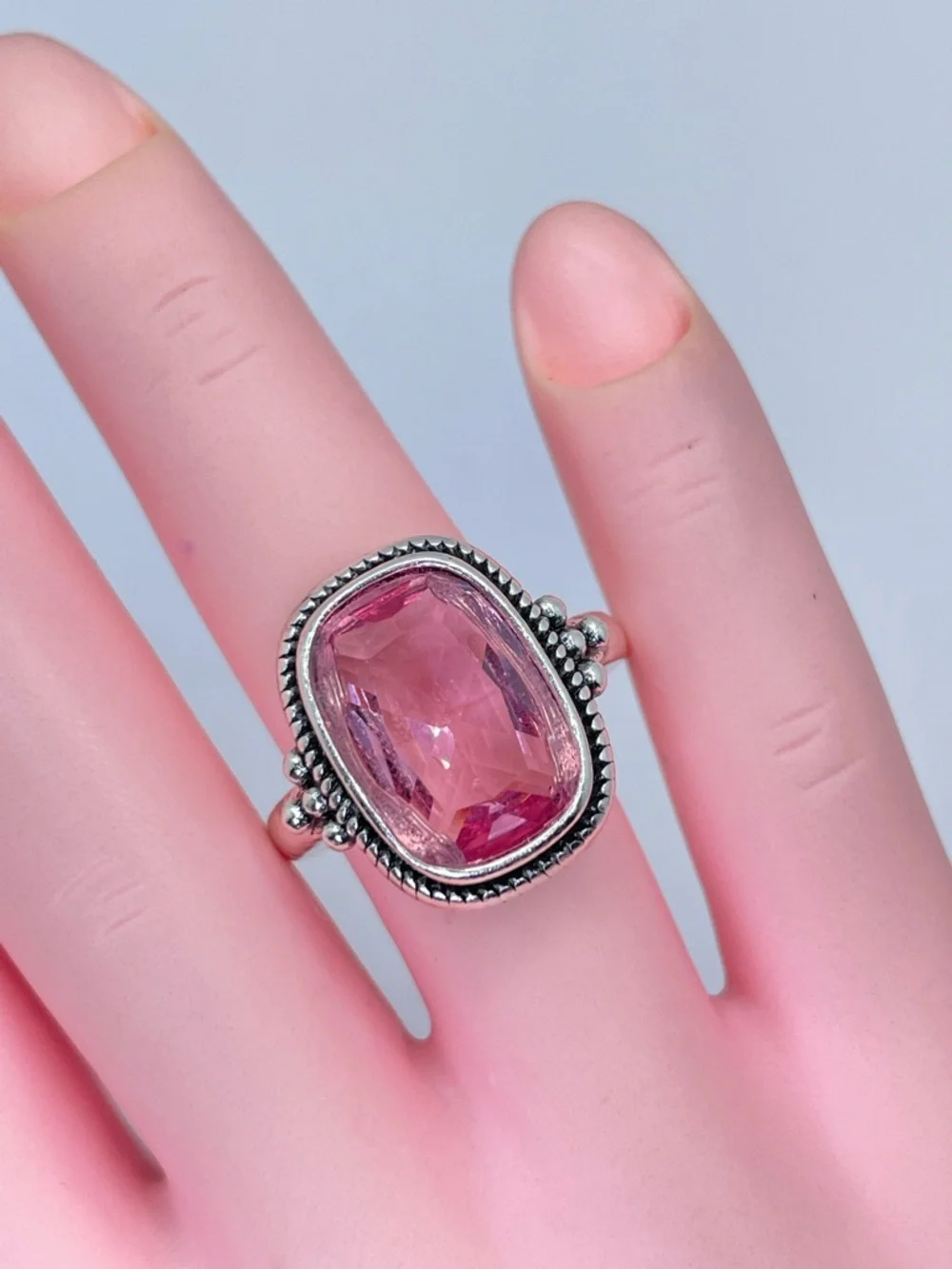 Vintage Style Pink Faceted Statement Ring Silver Bold Designer Style